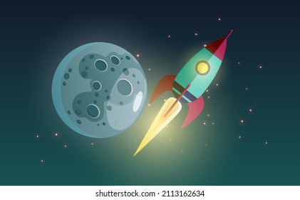 Diseño plano de color. El cohete vuela al espacio contra el fondo del cielo estrellado que sobrevuela el planeta de la luna. objeto aislado. Ilustración vectorial.
