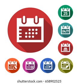Color flat design vector illustration icon set of calendar in circle button with long shadows. Isolated on stylish colored round.