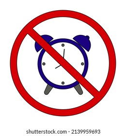 color flat drawing forbidding sign, crossed out alarm clock. Prohibition on the use of an alarm clock. vector isolated on a white background