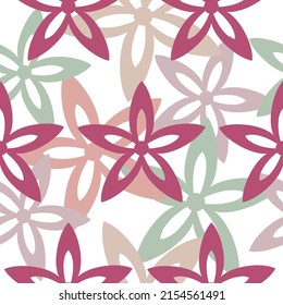 Color del icono de flor plana vectorial sin fisuras sobre fondo blanco. Resumen de papel tapiz de adorno gráfico floral. Fondo simétrico de vacaciones. Plantilla para impresión, diseño, banner o tarjeta.