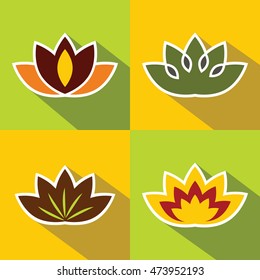 Color flat flowers with dark long shadow with white stroke. Vector illustration