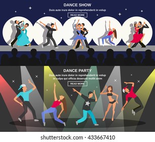 Color flat horizontal banner depicting figure of dancing people at party or show vector illustration