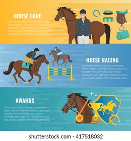 Color flat horizontal banners about horse care equestrian racing and awards in competition vector illustration