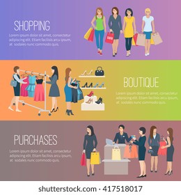 Color flat horizontal banners with text showing woman shopping in boutique vector illustration