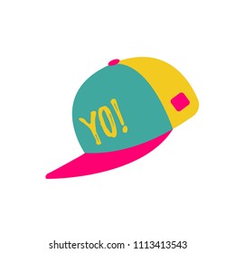 Color flat icon of a hip hop hat; a baseball cap; isolated on white; vector illustration