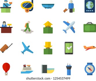 Color flat icon set aircraft flat fector, airport tower, hike, balloon, luggage, suitcase, passport control, check in, hotel first line, get, hand, sea beach, swimming mask, reception desk, compass