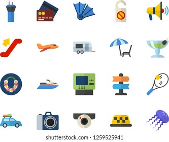 Color flat icon set aircraft flat fector, car, trailer, escalator, airport tower, credit card, cash dispenser, chaise lounge, hawaiian wreath, cocktail, flippers, camera, tennis, surveillance, taxi