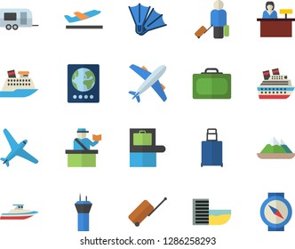 Color flat icon set aircraft flat fector, trailer, airport tower, luggage, suitcase, baggage claim, passport control, hotel first line, departure, flippers, reception desk, cruise ship, yacht
