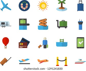 Color flat icon set aircraft flat fector, trailer, VIP area, airport tower, balloon, luggage, baggage claim, check in, credit card, departure, sun, island, hawaiian wreath, aquapark, pool, trolley