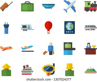Color flat icon set aircraft flat fector, train, trailer, airport tower, balloon, luggage, suitcase, baggage claim, passport, departure, get, hand, sea beach, swimming mask, reception desk