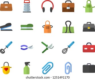 Color flat icon set apron flat vector, whisk, grater, pulverizer, secateurs, briefcase, clip, stapler, binder, headset, case