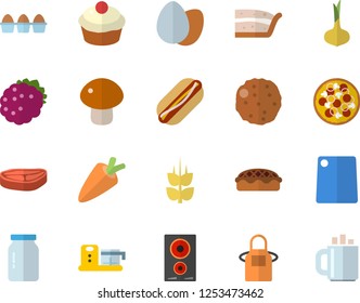 Color flat icon set apron flat vector, cutting board, induction cooker, food processor, glass jar, chop, onion, carrot, egg, hot dog, pizza, mushroom, cupcake, piece of cake, pie, cutlet, blackberry