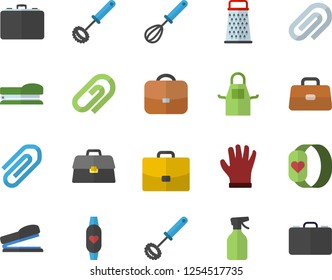 Color flat icon set apron flat vector, whisk, grater, pulverizer, gloves, case, briefcase, clip, stapler, fitness bracelet
