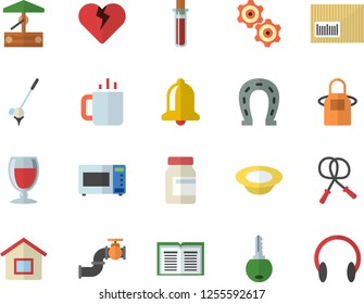 Color flat icon set apron flat vector, microwave, dish, wine, tea, well, horseshoe, main pipeline, barcode, blood test, cogwheel, vitamins, skipping rope, golf fector, bell, house, heart, key, book