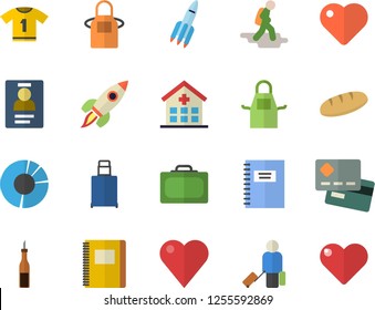 Color flat icon set apron flat vector, sauce, bread, credit card, heart, hospital, clircle diagram, badge, rocket, notebook, sport T shirt, hike fector, luggage, suitcase