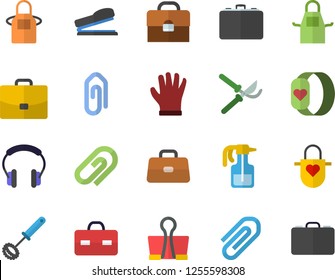 Color flat icon set apron flat vector, whisk, pulverizer, secateurs, gloves, case, briefcase, clip, stapler, fitness bracelet, binder, headset