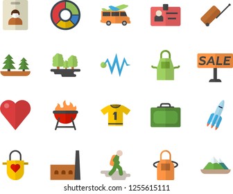 Color flat icon set apron flat vector, barbecue, forest, manufactory, sell out, heart, clircle diagram, badge, rocket, electric discharge fector, sport T shirt, indentity card, hike, luggage