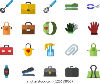 Color flat icon set apron flat vector, whisk, pulverizer, secateurs, gloves, case, briefcase, clip, stapler, fitness bracelet, binder