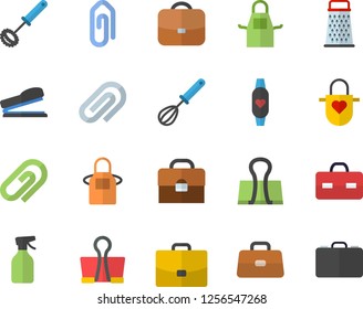 Color flat icon set apron flat vector, whisk, grater, pulverizer, case, briefcase, clip, stapler, fitness bracelet, binder