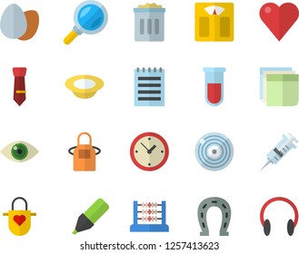 Color flat icon set apron flat vector, egg, dish, horseshoe, magnifier, marker, blood test, syringe, heart, abacus, sticker, tie, notepad, weighing machine, trash can, clock, eye, target, headset Color flat icon set apron flat vector, egg, dish, horseshoe, magnifier, marker, blood test, syringe, heart, abacus, sticker, tie, notepad, weighing machine, trash can, clock, eye, target, headset