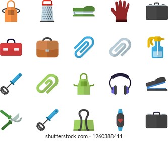 Color flat icon set apron flat vector, whisk, grater, pulverizer, secateurs, gloves, case, briefcase, clip, stapler, fitness bracelet, binder, headset