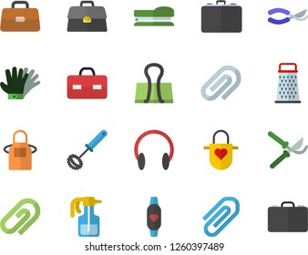 Color flat icon set apron flat vector, whisk, grater, pulverizer, secateurs, gloves, case, briefcase, clip, stapler, fitness bracelet, binder, headset