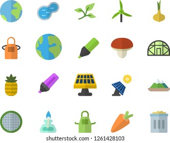 Color flat icon set apron flat vector, sieve, mushroom, onion, carrot, pineapple, pond, greenhouse, solar battery, windmill, tree leaf, earth, marker, gas burner, fector, mountains, trash can