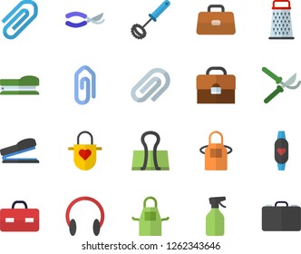 Color flat icon set apron flat vector, whisk, grater, pulverizer, secateurs, briefcase, clip, stapler, fitness bracelet, binder, headset, case