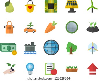 Color flat icon set apron flat vector, sieve, carrot, pear, tree, seedlings, planting plants, solar battery, windmill, lamp, hydroelectric power station, eco cars, motherboard, earth, cash, diet