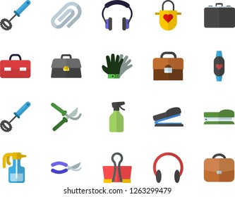 Color flat icon set apron flat vector, whisk, pulverizer, secateurs, gloves, case, briefcase, clip, stapler, fitness bracelet, binder, headset