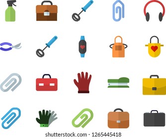 Color flat icon set apron flat vector, whisk, pulverizer, secateurs, gloves, case, briefcase, clip, stapler, fitness bracelet, headset