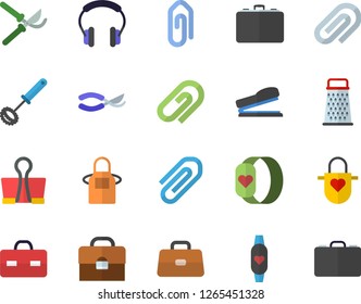 Color flat icon set apron flat vector, whisk, grater, secateurs, case, briefcase, clip, stapler, fitness bracelet, binder, headset