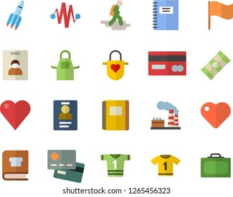 Color flat icon set apron flat vector, cookbook, spaghetti, factory, credit card, flag, heart, badge, rocket, notebook, electric discharge fector, sport T shirt, indentity, hike, suitcase