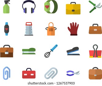 Color flat icon set apron flat vector, whisk, grater, pulverizer, secateurs, gloves, case, briefcase, clip, stapler, fitness bracelet, binder, headset