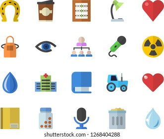 Color flat icon set apron flat vector, coffe, horseshoe, tractor, radiation, heart, notebook, abacus, reading lamp, hierarchy, book, vitamins, hospital fector, trash can, microphone, eye, drop
