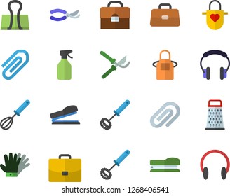 Color flat icon set apron flat vector, whisk, grater, pulverizer, secateurs, gloves, case, briefcase, clip, stapler, binder, headset