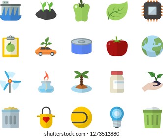Color flat icon set apron flat vector, tomato, canned food, bell pepper, seedlings, planting plants, tree leaf, lamp, hydroelectric power station, eco cars, motherboard, gas burner, windmill, diet