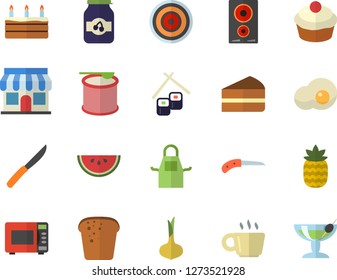 Color flat icon set apron flat vector, knives, induction cooker, microwave, onion, bread, watermelon, cupcake, piece of cake, fish rolls, scrambled eggs, jam, pineapple, knife, store front, coffee