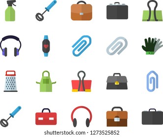 Color flat icon set apron flat vector, whisk, grater, pulverizer, gloves, case, briefcase, clip, fitness bracelet, binder, headset