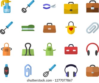 Color flat icon set apron flat vector, whisk, pulverizer, secateurs, case, briefcase, clip, stapler, fitness bracelet, binder, headset