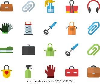 Color flat icon set apron flat vector, whisk, grater, pulverizer, gloves, case, briefcase, clip, stapler, binder, headset