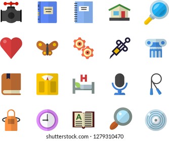 Color flat icon set apron flat vector, house, butterflies, main pipeline, magnifier, syringe, heart, hospital bed, clock, textbook, notebook, cogwheel, weighing machine, skipping rope, microphone