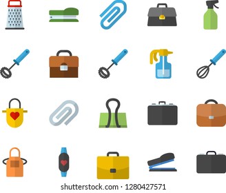 Color flat icon set apron flat vector, whisk, grater, pulverizer, case, briefcase, clip, stapler, fitness bracelet, binder