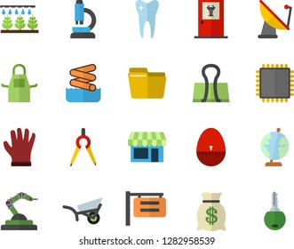 Color Flat Icon Set Apron Flat Vector, Kitchen Egg Timer, Sprinkling Machine, Garden Wheelbarrow, Gloves, Satellite Antenna, Robotics, Dividers, Signboard, Wealth, Tooth, Computer File, Microscope