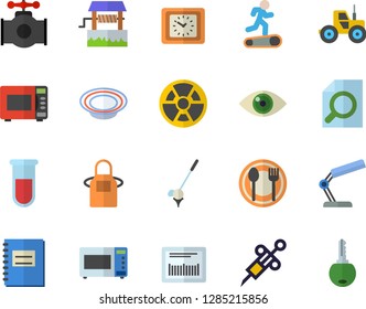 Color flat icon set apron flat vector, microwave, table setting, dish, well, tractor, main pipeline, radiation, clock, barcode, blood test, syringe, notebook, magnifier, reading lamp, Treadmill, eye