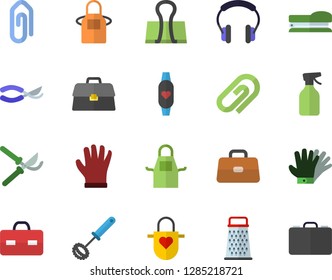 Color flat icon set apron flat vector, whisk, grater, pulverizer, secateurs, gloves, briefcase, stapler, fitness bracelet, clip, binder, headset, case