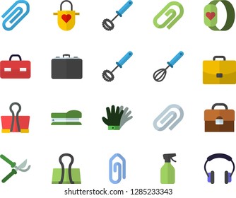 Color flat icon set apron flat vector, whisk, pulverizer, secateurs, gloves, case, briefcase, clip, stapler, fitness bracelet, binder, headset