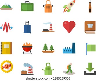 Color flat icon set apron flat vector, cookbook, barbecue, sauce, factory, forest, manufactory, flag, sell out, heart, rocket, notebook, electric discharge fector, hike, suitcase, luggage, mountains
