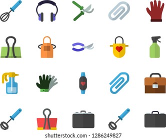 Color flat icon set apron flat vector, whisk, pulverizer, secateurs, gloves, case, briefcase, clip, fitness bracelet, binder, headset