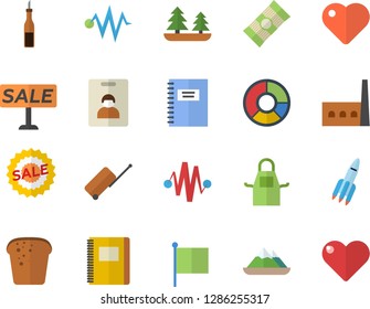 Color flat icon set apron flat vector, spaghetti, sauce, bread, forest, manufactory, flag, sell out, heart, clircle diagram, rocket, notebook, electric discharge fector, indentity card, luggage